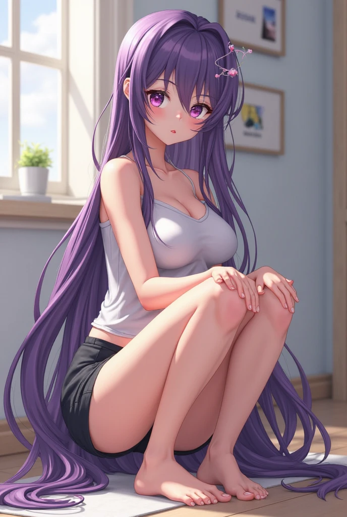 (masterpiece, best quality), intricate details, 1girl, ai hoshino, long hair, streaked hair, purple hair, purple eyes, star-shaped pupils, medium breast, nude, white panty, full body, looking at viewer, Fully exposed panties, Squatting
