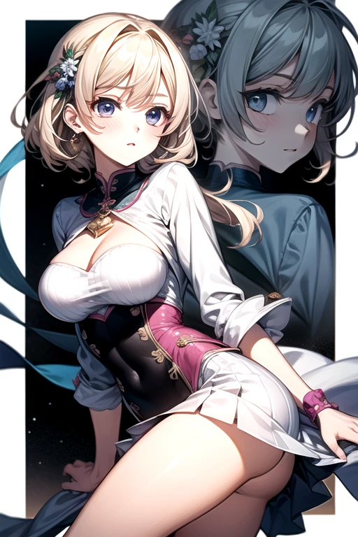 1girl,Sexy pretty girl,shiny blonde hair, Bobcut,curly hair、Dog ears、Red sparkling eyes、detailed cute eyes,(glowing eyes:1.4),laugh heartily,((Droopy eyes)),22 years old,nurse's outfit,posing,skinny body shape,short of a person,heart shaped pupils,smiling,open mouth,flushed cheeks,whiteshirt, leg ribbon, white silk Clothes, sparkle, flowing transparent white,