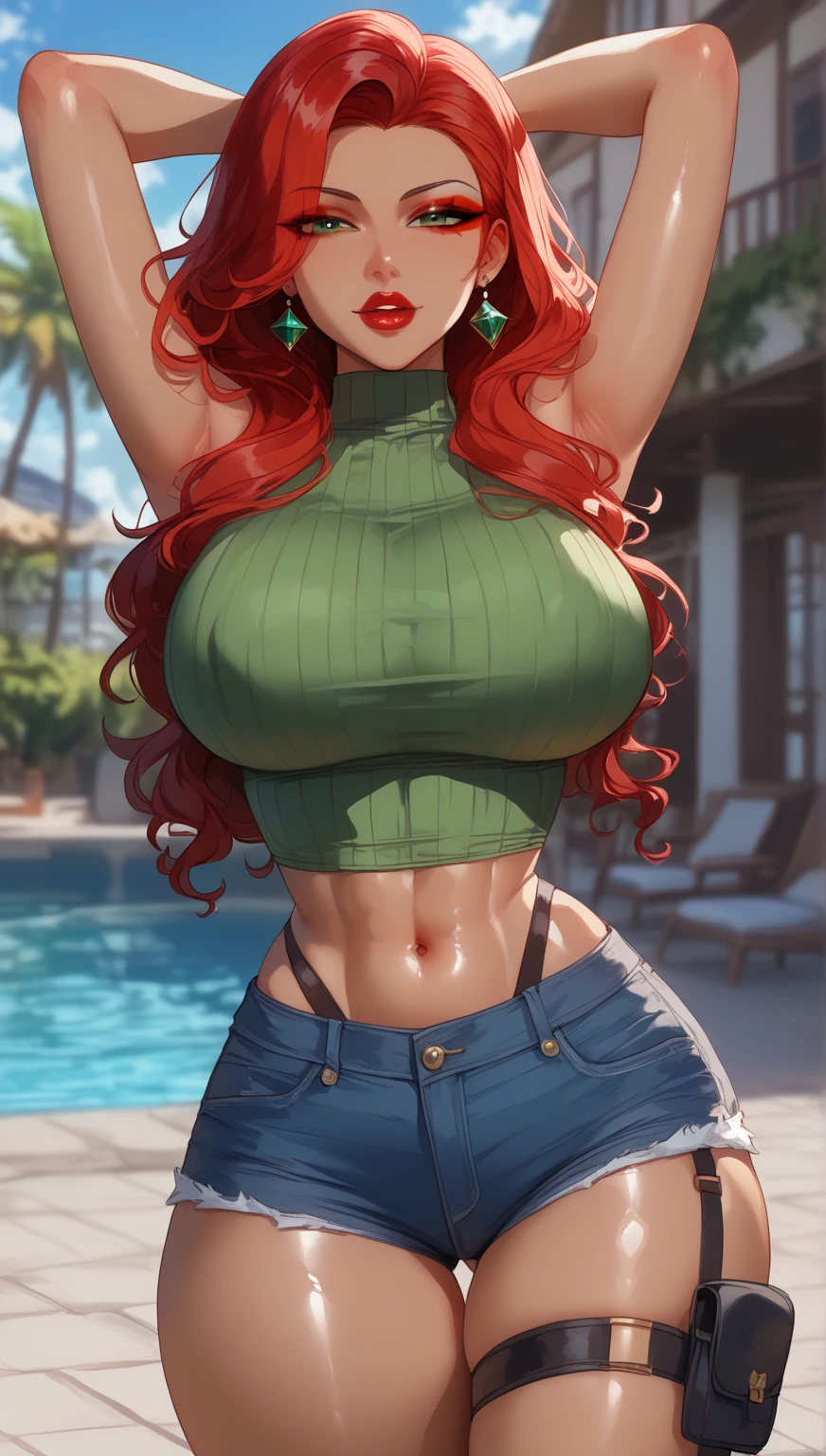 Yunjin Huh (le sserafim), medium ginger hair, wavy hair, sidelocks, fair skin, brown eyes, pouting lips (cute smile), red lips (bimbo lips), gold hoop earrings, slim waist, big breasts ((giant breasts:0.9)), cleavage, wide hips, ((neon green sweater)) cropped sweater, midriff, (light blue jeans), (bent over selfie), from front, facing viewer, at the beach, palm trees, wide shot ((masterpiece, curvilinear, 8K))