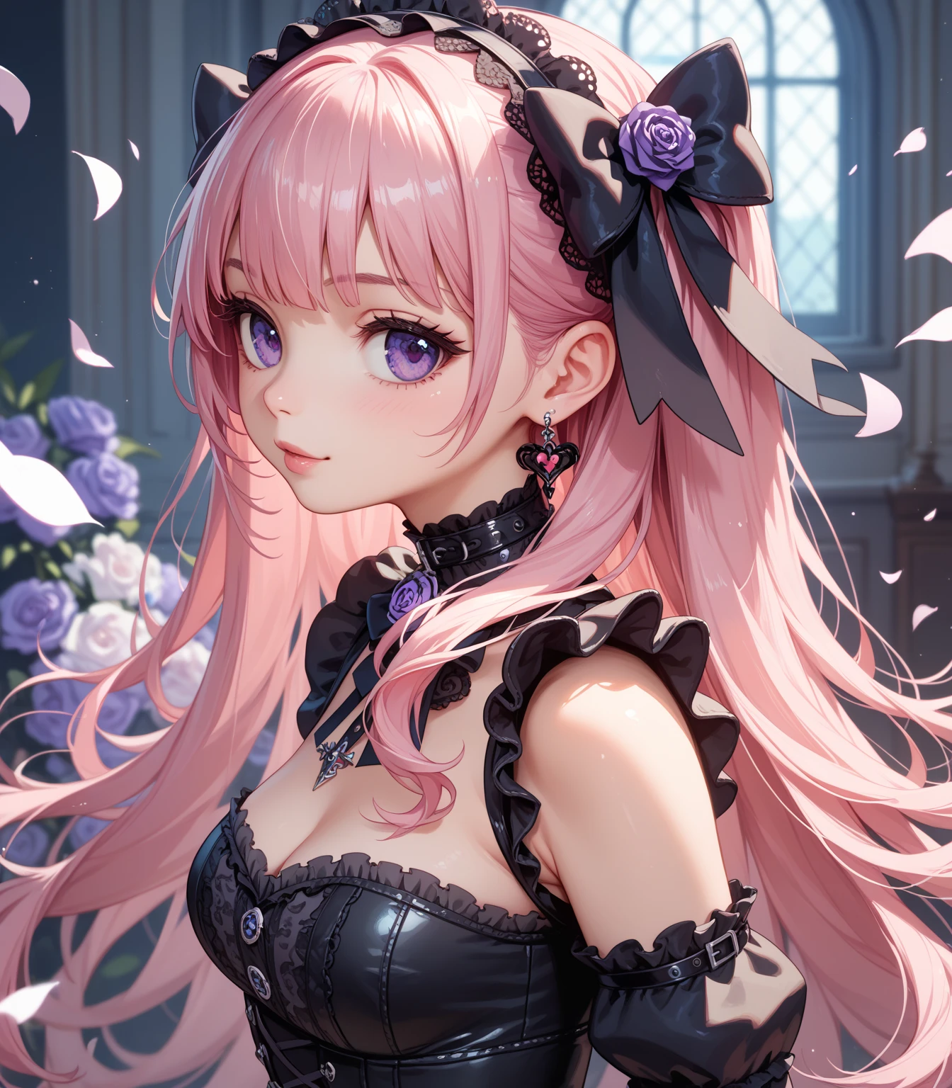 (8K, masutepiece, Highest Quality, Best Quality, Official art, Breathtaking beauty and aesthetics, A highly detailed, The best masterpiece in history that exceeds limits, Breathtaking and beautiful lighting:1.2), (1 Beautiful Girl, Solo), (16 years old), (Beautiful detailed face), (shiny white skin), (Beautiful big bust, cleavage:1.3), (thighs), (Beautiful detailed pink twintails hair, Bangs:1.3), (beautiful detailed adolable drooing pink eyes:1.3), (Beautiful Luxurious black Princess Dresses, See-through intricate lace, black cute bow ribbon, a lot of see-through black frill, sheer chiffon material, silver thread, Diamond, pearl, black corset), (Beautiful Luxurious Diamonds Tiara), (happy Beautiful Gentle cute innocent smile:1.2), (Attractive, amazing, Beautiful, Elegant, Luxurious, magnifica, Eye-catching, Graceful, Everyone loves it, Healed, cute like an idol, Stylish like a fashion model, Goddess-like grace, Look at the camera, cute pose, Happy), breathtaking scenery, (ultra detailed realistic Breathtakingly beautiful Luxurious room:1.2),