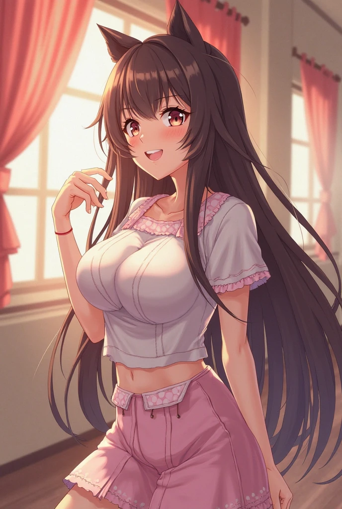 blush, smiling and bright aura, natural light, Masterpiece,  shiny skin, juicy lips , ,sexy, hot, devil,juicy lips hour glass, , juicy lips, , Skinny body, little , huge ass, Brown hair, green eyes, mole under the eye, mole on chest, hoop earrings, pink cardigan, Black pencil skirt, wavy brown hair