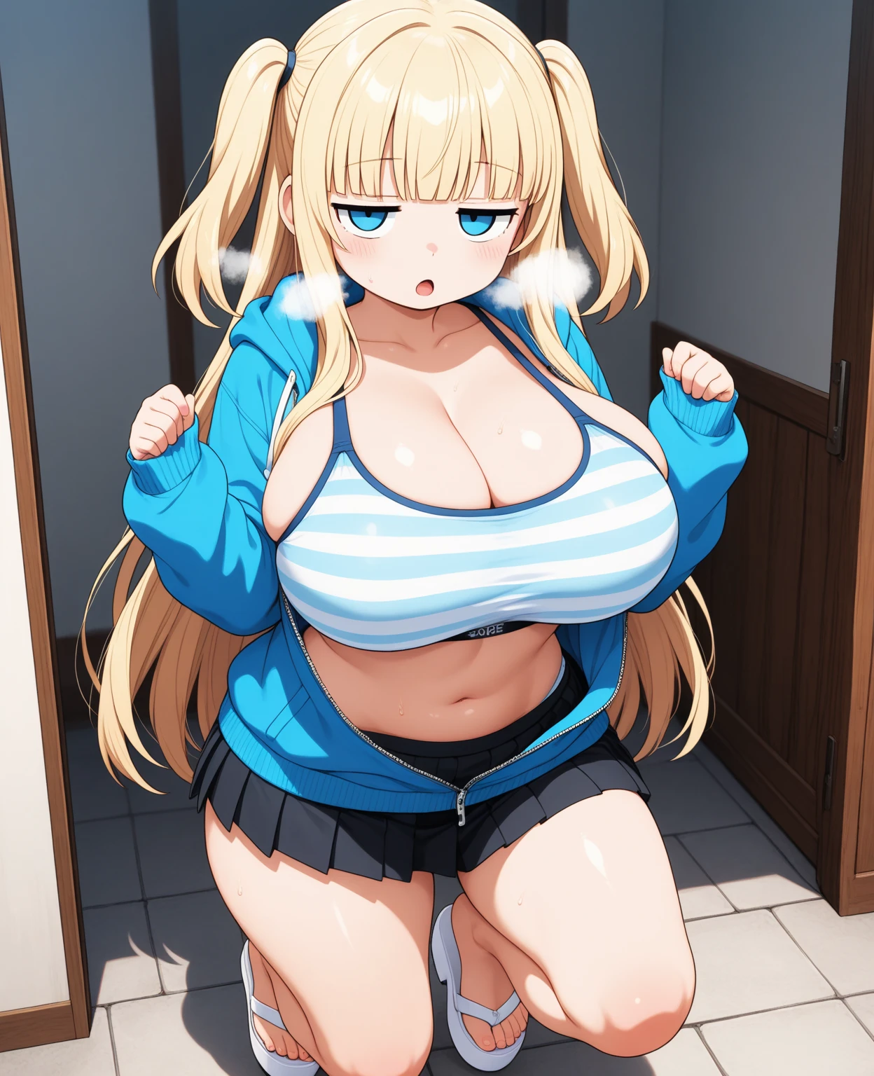 young elf girl, blue eyes, blue Pullover, black long skirt, whole body to see, smiled, excited, moans, blond long hair, (( very wide hips)), (((colossal Thighs, gigantic thighs, very huge thighs, very big thighs))), sexy pose, wet clothes, ((gigantic breasts))