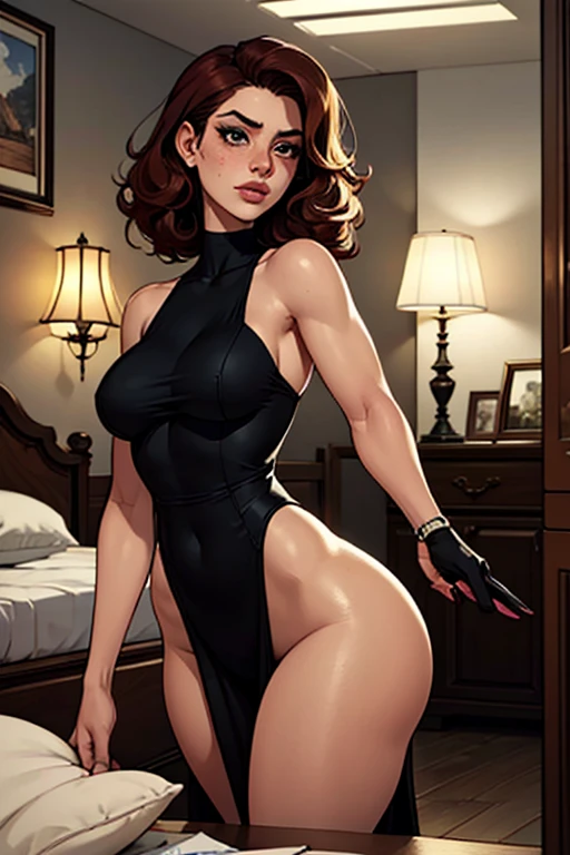 Realistic, Natural Beauty, Masterpiece, Hailee Steinfeld, Full Body view visible, Perfectly Accurate Face Proportion, Realistic Light Hazel Brown Eyes, Thick Eyebrows, see-through Lingerie(naked), Low-cut Top, Big Breast, Curve Wide Hips, Toned Thighs, Toned Arms, Grin On Her Face