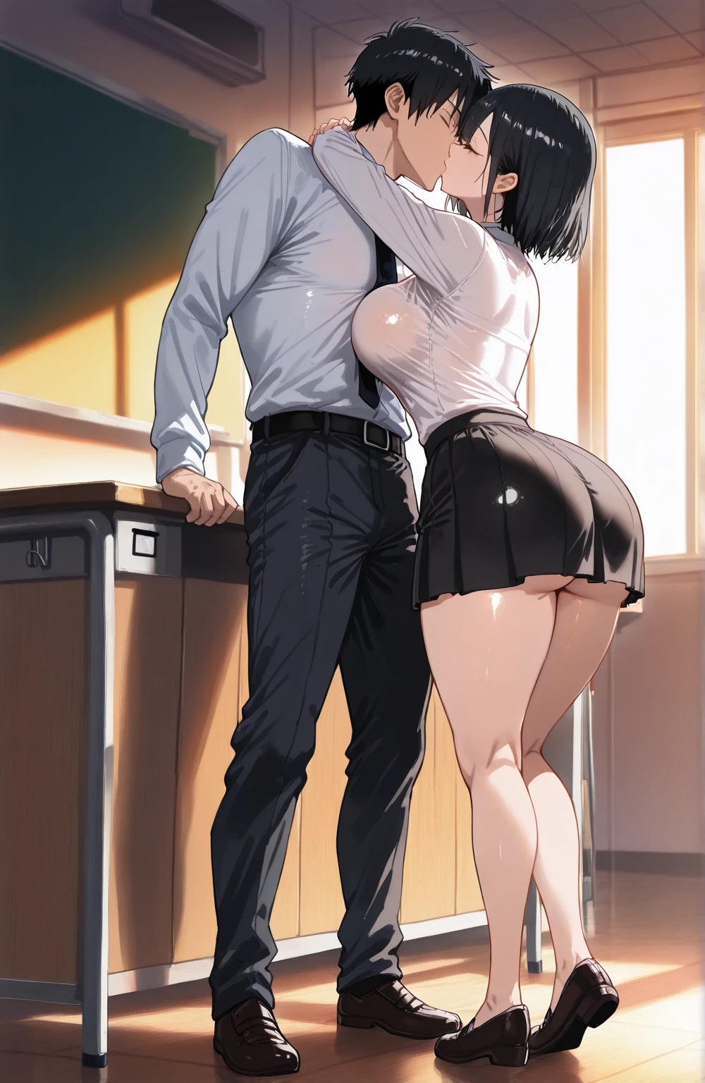 Black hair, long hair, female teacher, naughty smile, dark eyes, huge breasts, curvaceous, tight waist, white shirt, (very short black tight skirt:1.4), mature woman ,(White panties showing panties), solo, (lift the skirt:1.1),
(Spread legs: 0.5), (Squatting: 0.5), (Sex between a man and a woman: 1.4), (penis in vagina: 1.2), panties aside, costume aside, (love juices: 1.1), hairy middle-aged man,
(Happiness: 1.2), joy,