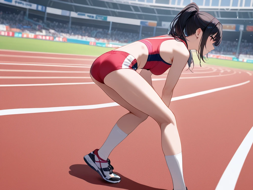 (Original Character、Unity 16K Wallpaper, masutepiece, Best Quality, Ultra-Detailed, Extremely Detailed CG, Caustics, Cinematic lighting, Detailed, Beautiful Detailed Eyes, Solo), Ultra High Resolution, Fine skin, (track and field:1.2) 、(strong lights)、Oily skin,Smile , from the front side:1.2、(Sexy Women)、arena、Full body shot、Lean Back, hands behind the back, Tank top, Bikini Bottom, Show belly, Show cleavage, Legs open, Open legs, Camel toe,  Showneck, A clear day、Cowboy Shot, Short hair、Sit on the ground, View from low pressure, Slim waist, Wider hips、cum in crotch