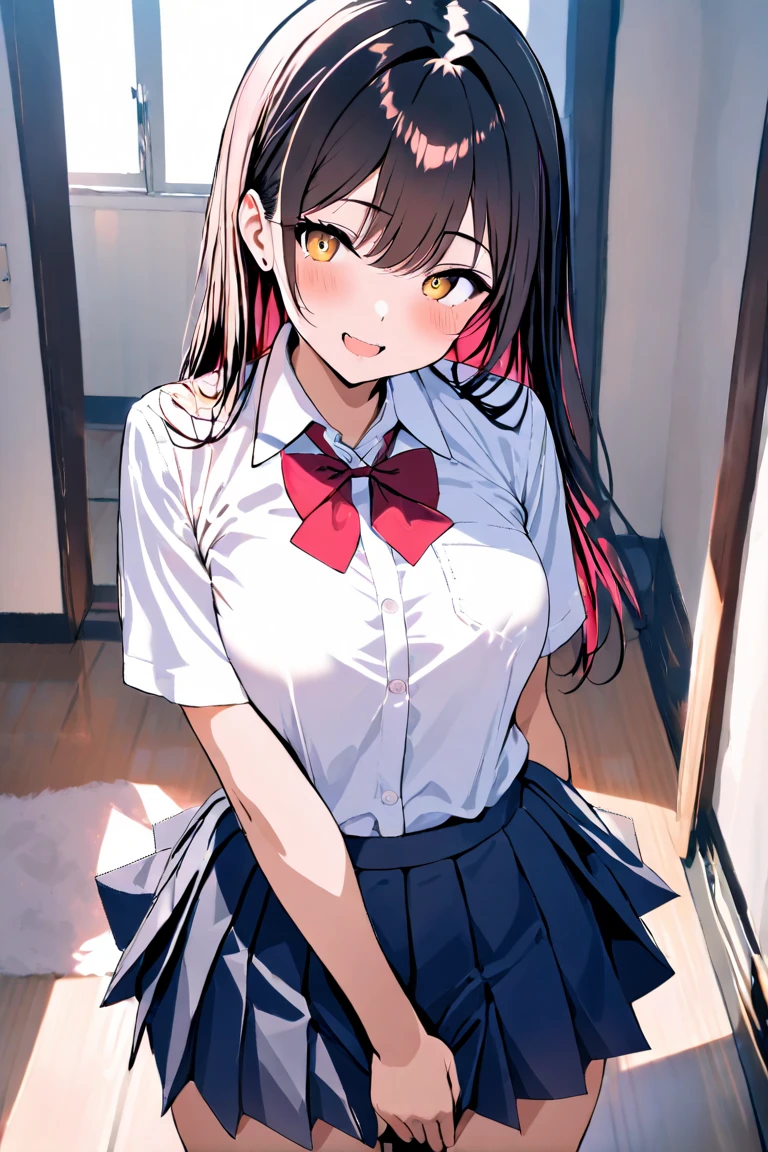 highest quality,morning,in the middle of the classroom,window in the background,whole body,from the front,From above,Are standing,Healing,black hair,short twin tails,Rabbit style twin tails,shrimp,Deco out,wide forehead, face,weak々nice face,Too young face,round face,black eyes,Big eyes,gentle eyes,Drooping eyes,round eyes,Separate eyes,small nose,embarrassed face,shy face,red cheeks,big breasts,E cup,school uniform,Only blouses,Bright red bow tie,white blouse,Blouse with short sleeves,Open the first button of the blouse,small size blouse,stuck,Tight blouse,No bra,transparent nipples,black pleated skirt,mini skirt,thin legs,small butt