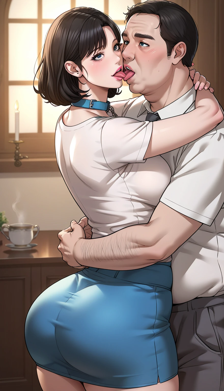 The man in his 45s with black very short hair and smooth face with moustache. The woman in her 45s with brown wavy long hair. The man is wearing a white shirt and black trousers. The woman is wearing a yellow dress. In the livingroom. The woman is leaning on the table. Doggy sex. Orgasm. Passion. Erotic. Realistic. Ultra realistic.
