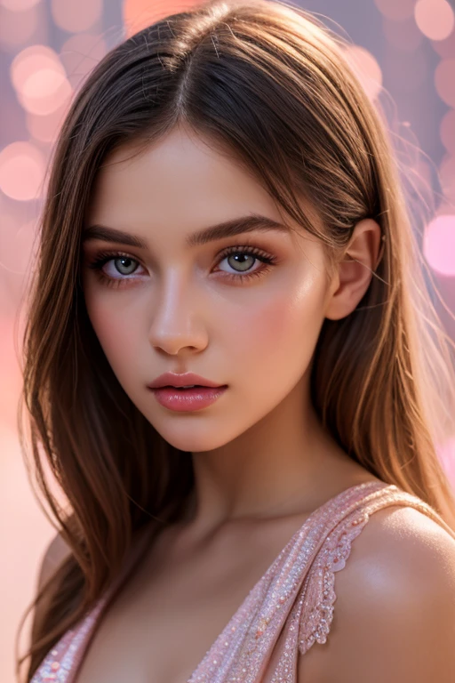 beautiful girl, brown eyes, beautiful slim teenage girl 18 year old woman, hair color [Brown highlights hair], [undercut pixie] hair, earrings, lips, realistic, narrow waist, charming, pink lipstick, colorful makeup, long eyelashes, earrings, fair skin, (cute), (detailed face), detailed eyes, detailed iris, (large breasts:1.2), minidress