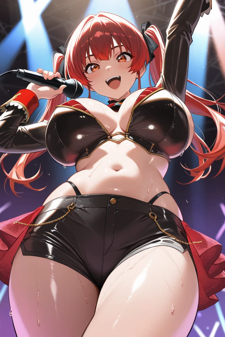 milf, big tits, long red hair, dark skin, naked, pubic hair, solo, bondage, masochism, ahegao face, spreading the legs, wet vagina, close up, sweaty, concert stage, wet floor, people's watching
