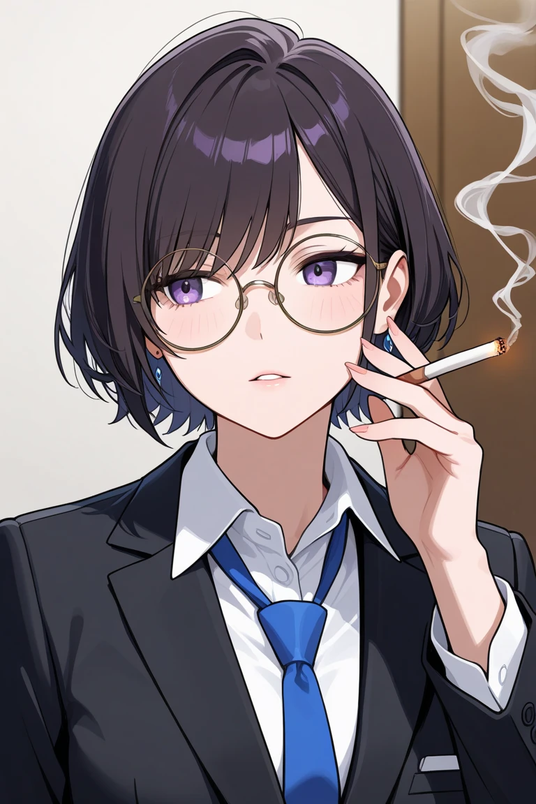 best quality, masterpiece, highres, solo, {black business suit:1.40}, {tie:1.20}, {sunglasses:1.25}, {white gloves:1.15}, {white shirt:1.10}, {black skirt:1.15}, {smoking:1.20}, handsome, {mamiya_kanoko_watashinoyuriwaoshigotodesu:1.15}, blue_hair, green_eyes, blush, bangs, closed_mouth, short_hair, purple_hair