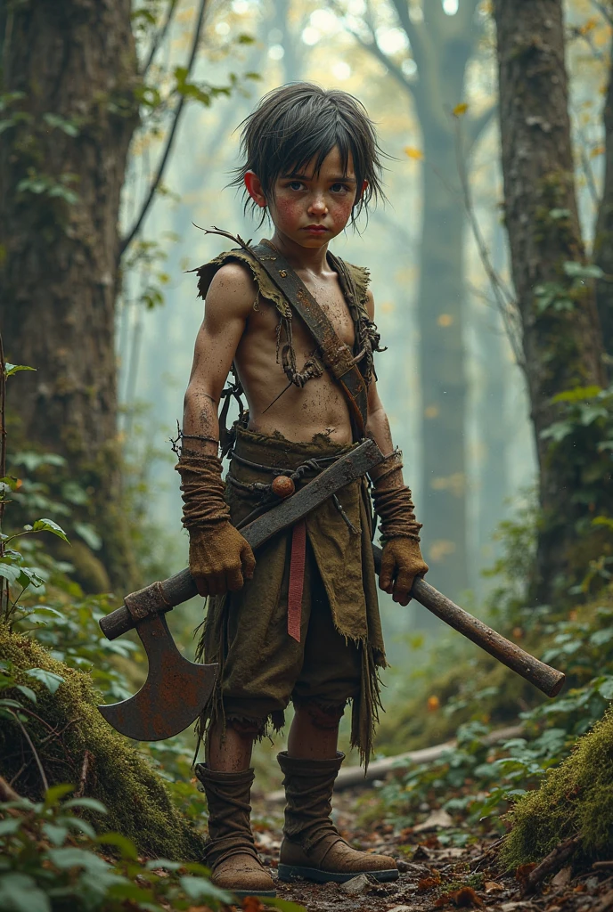 A brown boy in Sri Lanka. The black ink in his eyes shines like two lightning bolts. He has arranged his hair in the Beckham style and fine lightning bolts are coming out of the hair. In his left hand is a double-edged ax blade attached to an iron chain. His body is strong and muscular development has developed.