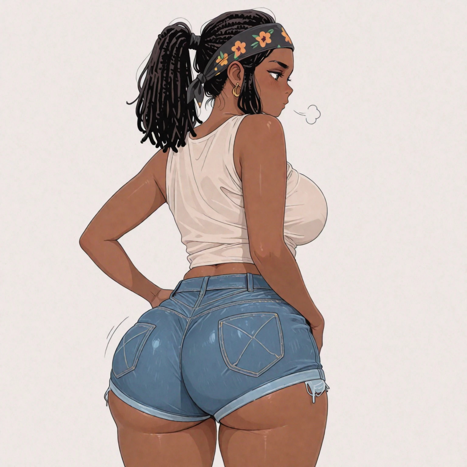 ((masterpiece, best quality)), ((((perfect anatomy)))), ((33 year old)), (((Curvy))), ((Black woman with long black curly hair)), in ((white fullback panties)), ((purple shirt)), ((wide hips)), smirking, (((Back shot))), (((Western cartoon style)))