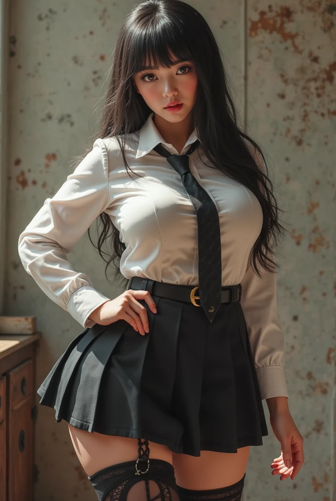 A girl standing and wearing a korean school uniform, brown hair, perfect body figure, beautiful & sexy and black stockings