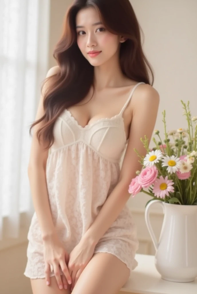 photo Realistic:1.2, Highest quality, Highest quality, Ultra-high resolution, RAW Photos, Realistic, Bright lighting, Face Light, Smooth Professional Lighting, Looking into the camera, alone, (perfect body structure):2.0, Adult female, ((japanese,)) (((Beautiful woman))), (((Super Beauty))), Realistic skin, Moisturized Skin, (Realistic eyes and faces):1.5, Perfect model body shape, Beautiful Eyes, Big eyes, Inconspicuous tear bags, slim, Big Breasts:1.5, Very good, No makeup, Beautiful fingers, Very short hair, brown hair, brown eye, (seems to be happy), (Both ears are hidden by hair), cowboy shot), (Pink frame glasses), (((Biomechanical))), (((white Dress, frills, lace))),(((white lace panties))), Sitting with Knees Up on sofa:1.8, Knees Up:1.5, spread legs:1.9, masterpiece, masterpiece, anatomically correct, high details, high quality, nsfw