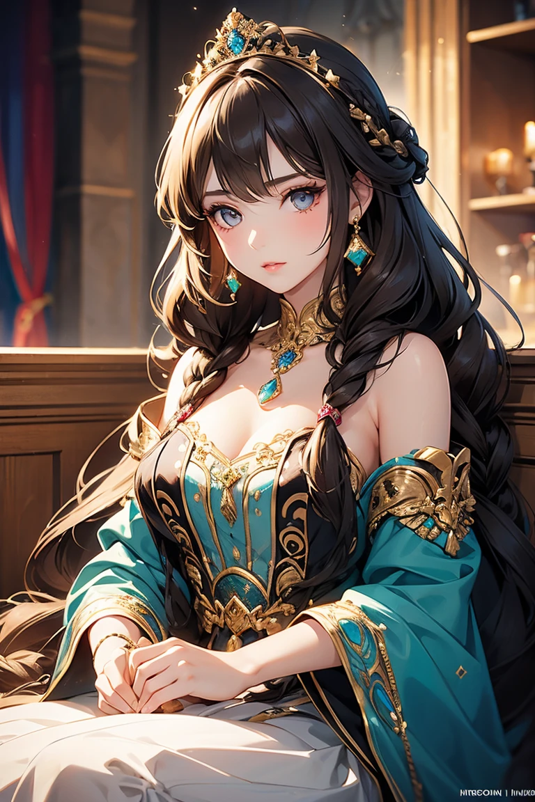 Masterpiece, 4K, (Beautiful dark-haired Asian woman: 1.2), portrait, high quality art, high resolution, high definition, centered, symmetrical, good anatomy, swollen lips, smiling, surprised, blushing, lipstick, beautiful eyes, smooth skin, beautiful woman, jewelry, Moroccan Caftan, blue fabric with gold embroidery, (focus on upper body: 1.2), style, woman, looking at the viewer, smile, symmetrical, centered, closeup, female, athletic, fit, narrow waist, realistic body proportions, realistic, photo-realistic, 8k, highly detailed, LED light, laser lights, fruit-flavored, bright, anatomically correct, symmetrical anatomy, ulzzang-6500