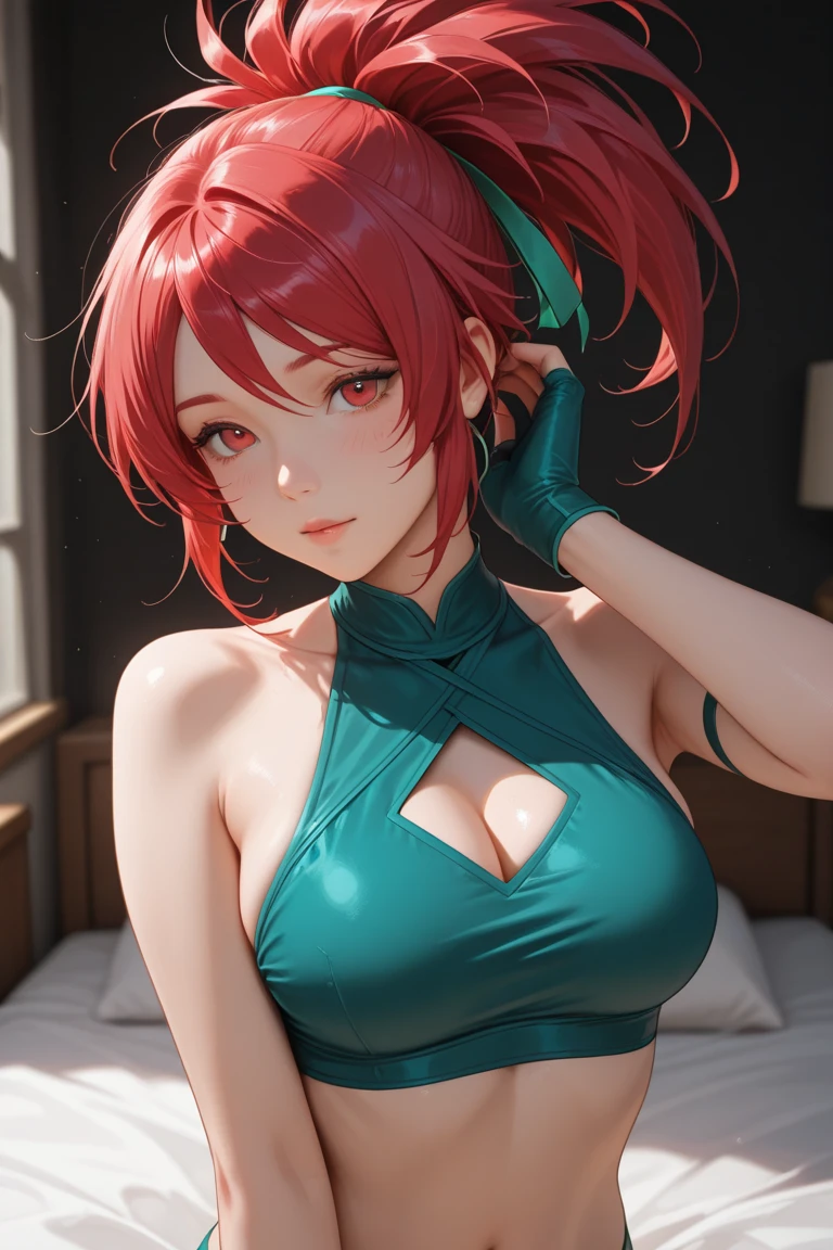 low angel shot, (Masterpiece, Excellent, 1girl, solo, complex details, color difference), realism, ((medium breath)), off-the-shoulders, big breasts, sexy, Yae Miko, long pink hair, red headdress, red highlight, hair above one eye, green eyes, earrings, sharp eyes, perfectly symmetrical figure, choker, neon shirt, open jacket, turtleneck sweater, graffiti, dim lighting, alley, looking at the audience, ((mean, seductive, charming)), (((Glow-in-the-dark background))))High efficiency sub-pixel, subpixel convolution, luminous particles, light scattering, Tyndall effect, transparent dress, lace edge, lace seduction, bare legs, miniskirt, long legs, thighs, big breasts, huge breasts, split skirt, pink lace trim, upturned buttocks, big breasts, big breasts, big breasts, high split cheongsam, coquettish type, charming, shy, big breasts, big breasts, big chest leaking, bursting breasts, big breasts, seduction, tall figure, white skin and beautiful skin, pink hair, fat buttocks, fat buttocks, big buttocks, naked, nothing worn, especially short clothes, bare waist, thong, riotous look, loose long hair,