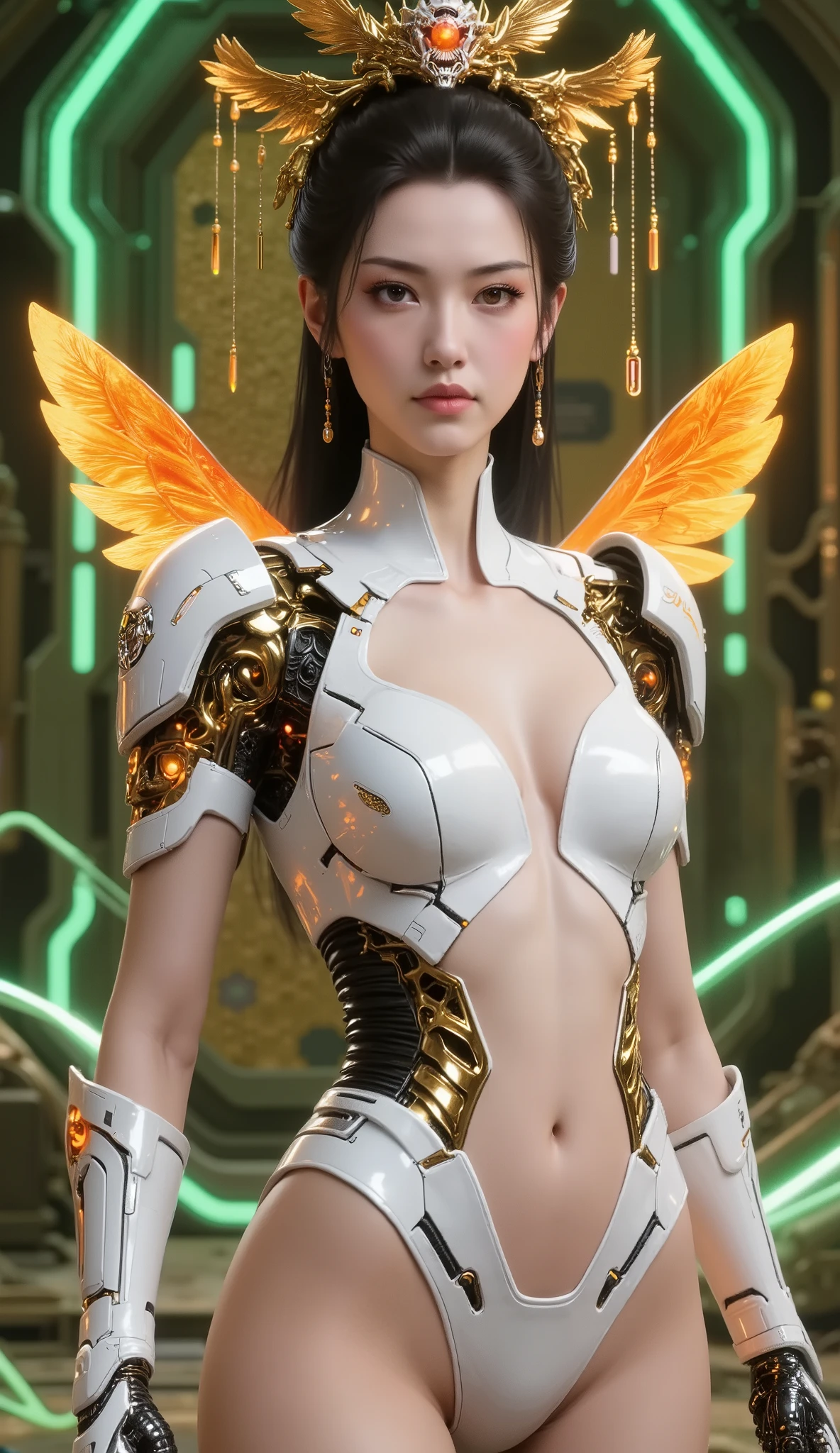 8,000, Masterpiece, highest quality, bee, Future Female Figure, Cyberpunk, Orange and white color scheme , Mechanical wings, smooth design , hexagonal honeycomb background , Green light , digital art, Highly Detailed, 3D Rendering, Sci-fi Concept Map , insect, Android, v8 muscle , Glossy effect, Complex machinery , green light highlights , Dynamic Pose, 浮动bee伙伴 , strongly contrasts , bright colors, Surrealist Textures