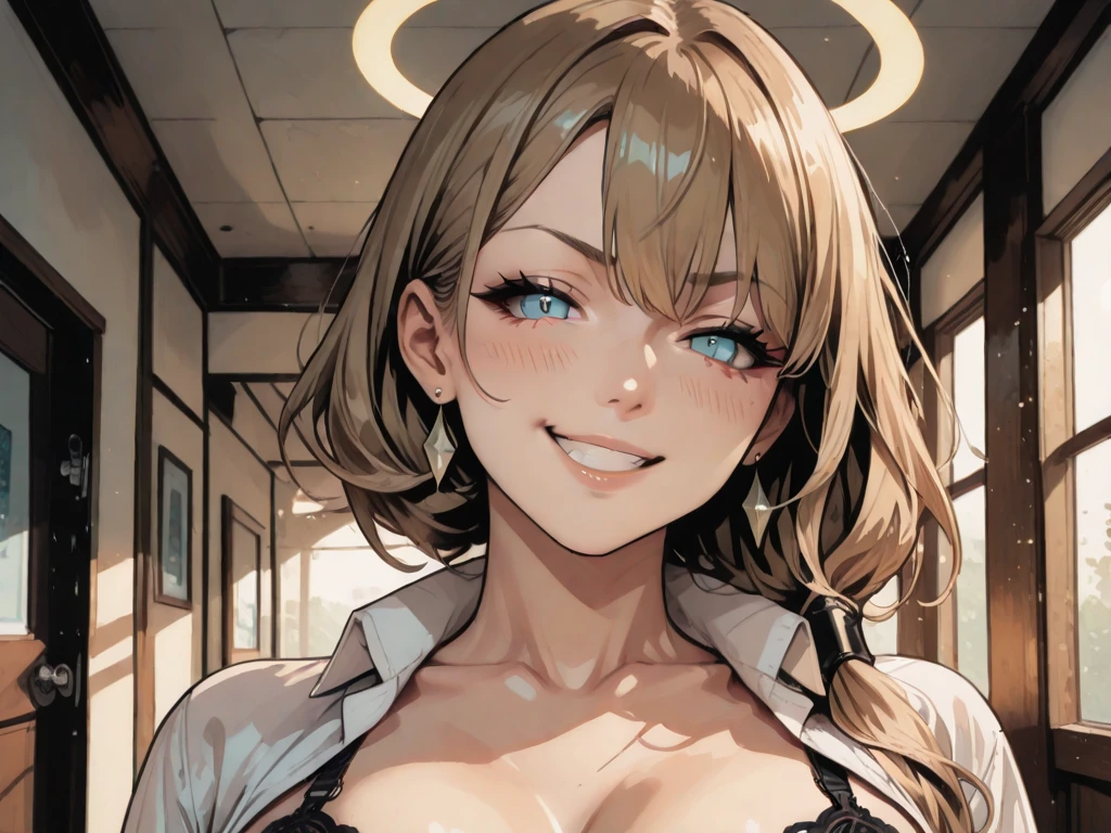 (masterpiece:1.3), (8k, Photorealsitic, Raw photography, Top image quality: 1.4), Japan high school girls、(Random hairstyles:1.2)、cleavage of the breast:1.2、Super Detail Face、Eye of Detail、double eyelid、Bring your chest together、sharp focus:1.2、prety woman:1.4、light brown hair、top-quality、masterpiece、超A high resolution、(Photorealsitic:1.4)、Highly detailed and professional lighting smile、Loose and light knitwear、Shoulder out、Slender、serious facial expression、short-haired、Fatal position