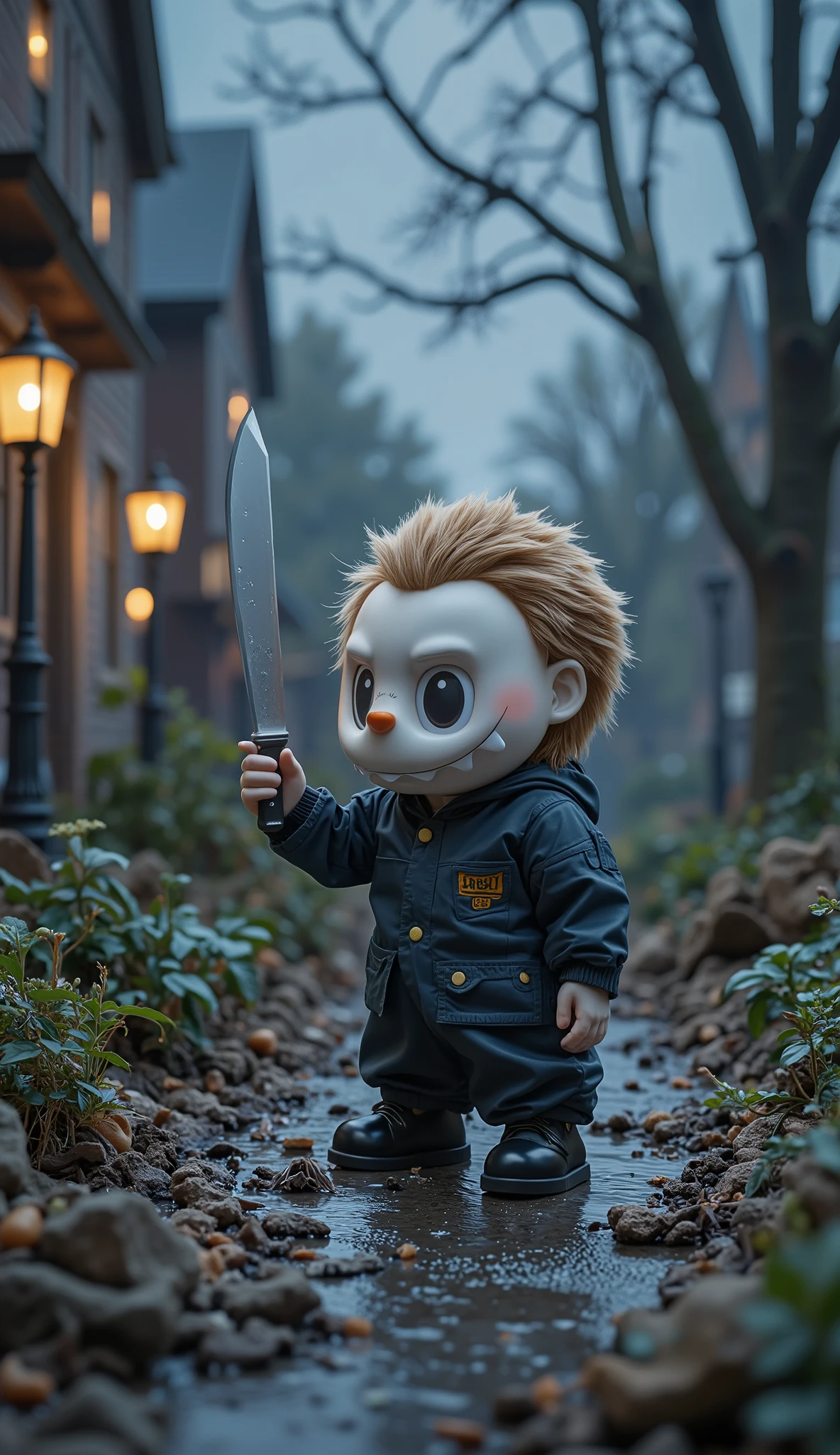 The cutest monster Labubu dressed as the famous horror icon Michael Myers, he's in a dark and twisted neighbourhood