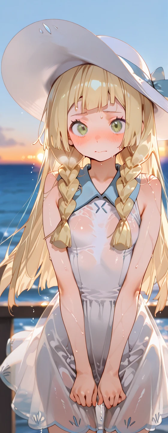 anime, (high quality, detailed, beautiful), shiny, detailed beautiful eyes, outstanding, countershading, detailed soft lighting, an exquisite animation illustration, score_9, score_8_up, score_7_up, source_anime, anime screencap, anime coloring, sidelighting, shiny luminous, 1girl, blonde hair, long hair, blue eyes, forehead, double bun, braided bun, twintails, sidelocks, keyhole, forehead mark, one-piece swimsuit, dress swimsuit, polka dot bow, orange bow, white headgear, Mitre, smile, open mouth, outdoors, church, crab's hole, beach, sunlight, shiny skin, wet skin, very sweaty, very wet skin, steaming body, awkward situation, awkward grin, shy, blush, squatting, ass, from behind, looking at viewer, cowboy shot, expressiveh, attractive poses, poop, pooping, pooping into hole,