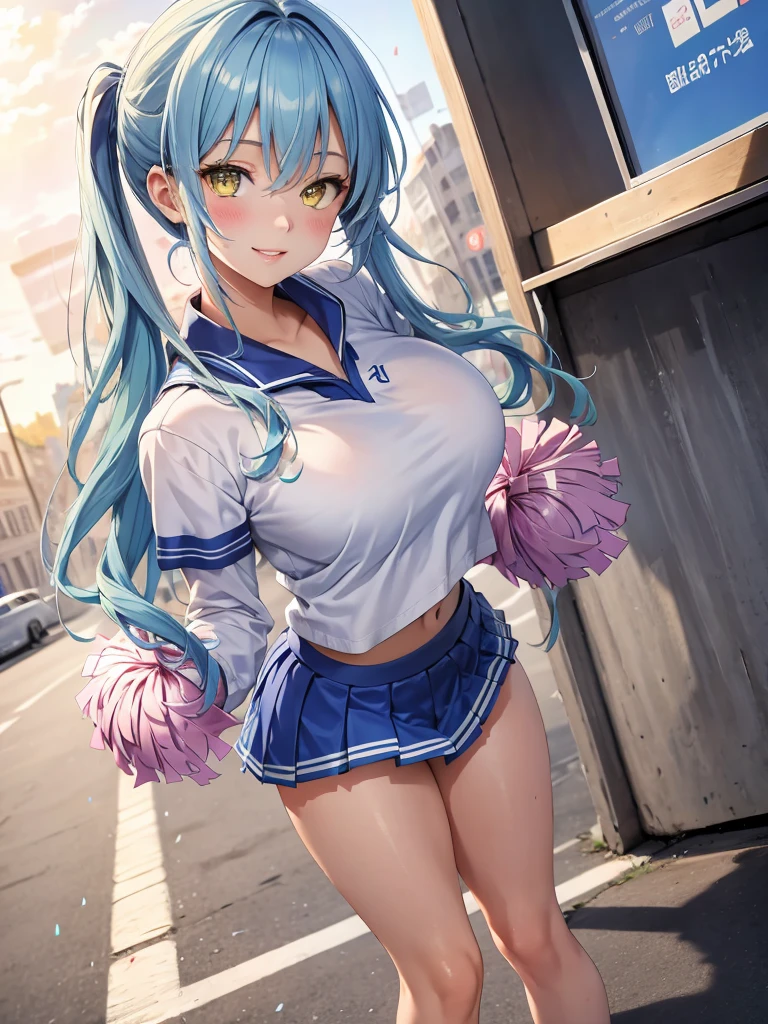 masterpiece, best quality, ultra-detailed, illustration, colorful, 1girl, anime, blue hair, twintails, hair ornament, blue eyes, looking at viewer, school, school gym, sona buvelle, huge breasts, curvy, skirt, kneesocks, jumping up, crop top, cheerleader, detailed skin texture, detailed cloth texture, beautiful detailed face, open mouth, hands up, cheering up, armpits, closeup, navel, underboob




