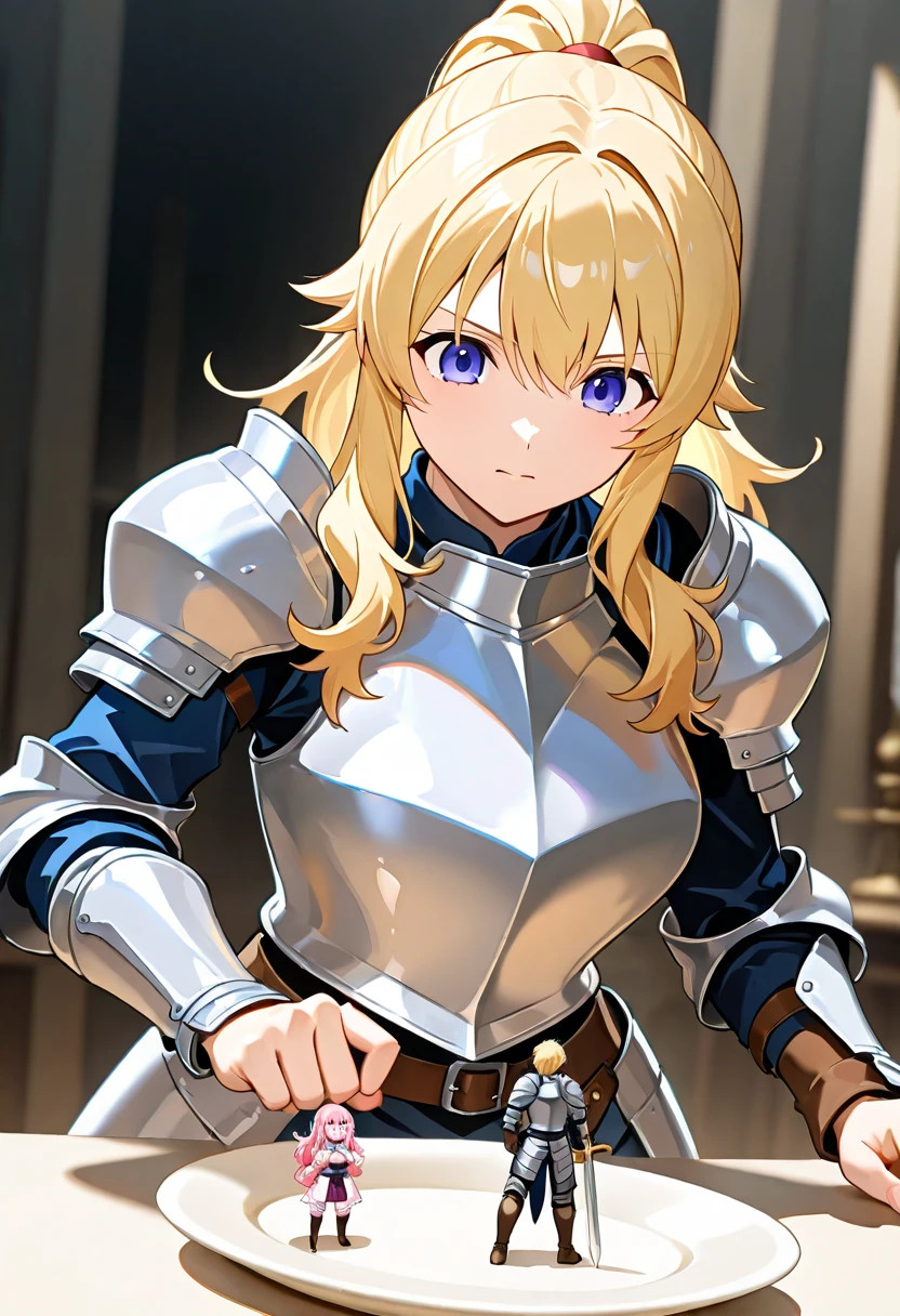 (RAW Photos, Best Quality), (animesque: 1.2), Portrait of an 18 year old woman with golden hair, Red eyes, (sparkling pupils), Female Knights in Fantasy Worlds, black breastplate mail, White Dress Armor, Smiling smile, Background of an abandoned house, Background blur, The depth of field is shallow, Professional Lighting, Photon mapping, Physically Based Rendering,