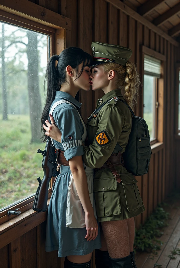 Beautiful girl nurse with red cross,kissing a soldier in a trench 1914. Russia