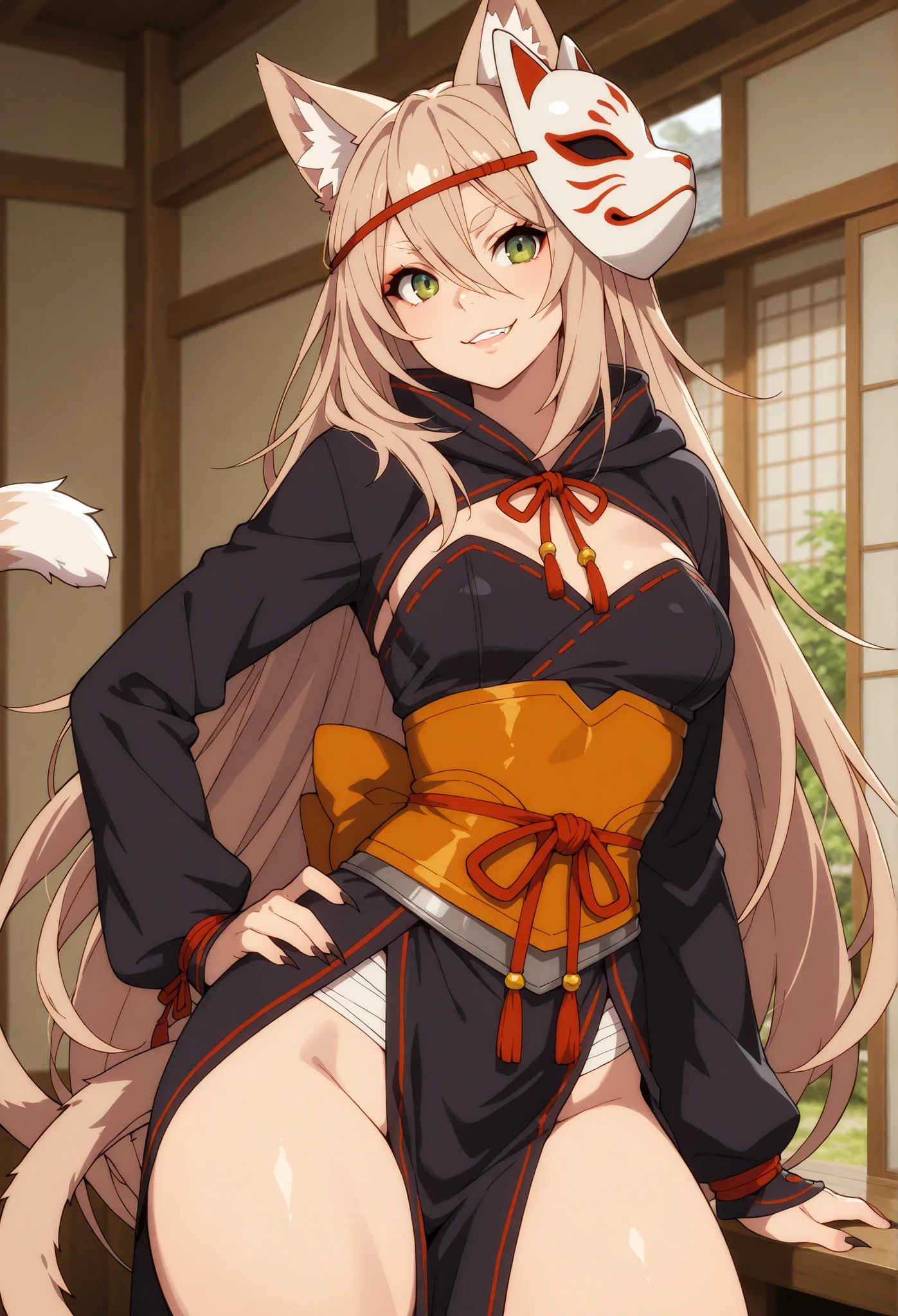 (light brown hair), very long hair, flowy hair, catgirl, nekomata, beautiful, cheeky, rogue, thief, hazel green eyes, mature, cocky, adult, clothed, yokai fox mask on the side of head, solo, (very fair skin complexion), two cat tails, japanese, thief clothes, porcelain skin, raise an eyebrow, japanese house background, cat eyes, small to moderate breast, sharp claws, fang, sexy smile