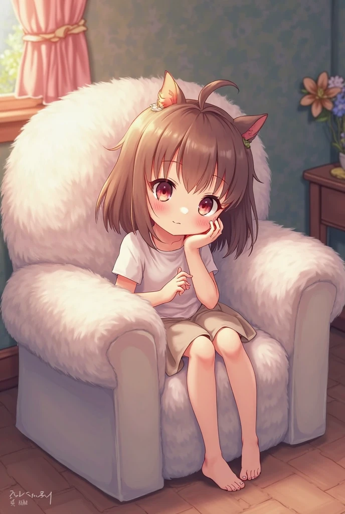 A cat girl with brown hair and ears sitting on a chair and resting her feet on a foot stool, the soles of her feet are in white socks and are facing the camera, she has a happy expression on her face, the character is approximately 5'8 and is 20 years old