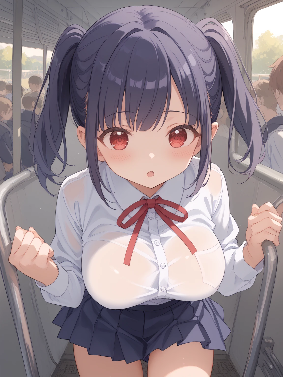 masterpiece, Highest quality, Nico_Yazawa,High resolution, 1 Girl, alone, Brown Hair, short hair, Twin tails、Purple eyes, , , (Cleavage)、(Beautiful thighs), Carrying a red backpack, (randoseru backpack:1.2) Sweaty、Thick thighs、Highest quality、4K、1girl, 8years old, loli, cute, grin, 、、on the train、、、Thick thighs、Men holding their penises and surrounding girls、Semen from the penis、Bukkake、Bukkake、(Bukkake)projectile cum、Blowjob、Lots of spectators、Ahegao、low length、Gym suit、Bloomers