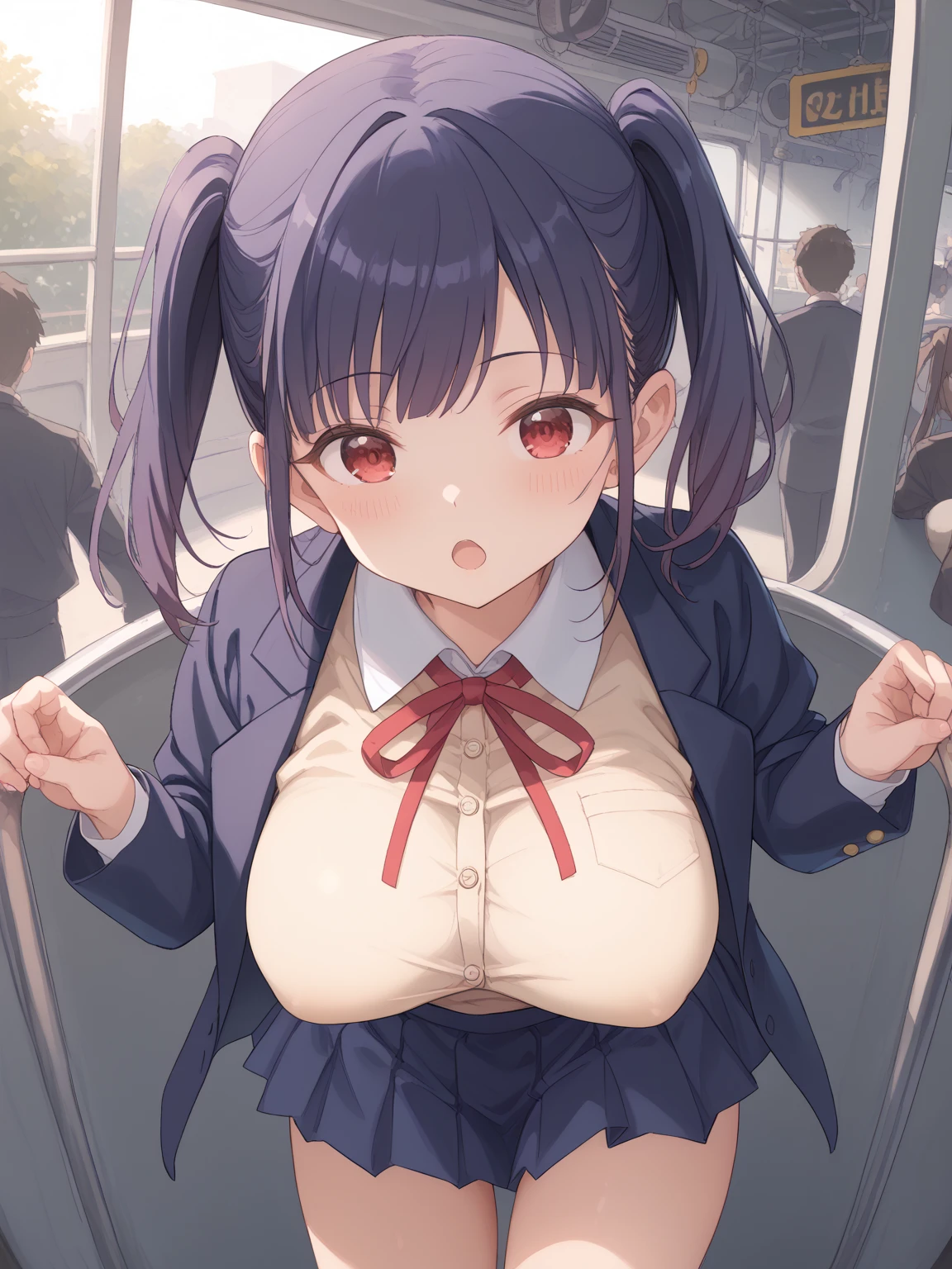 NSFW,4K,Gal:1.3,Anatomically correct,school uniform:1.3,A pure and innocent girl, Very cute face, Like an idol, (masterpiece:1.2), (high quality), panties, 黒いニーハイソックス, Hip, Blue Skirt, alone, Blazer Type, loose socks, Lifting clothes, Brown eyes, pure gaze, mini skirt, Lift yourself up, Check skirt, blush,((Mid-chest)), (Sweating profusely), Long Hair, physical education, Beautiful legs, ((in the train))pussy in big penis