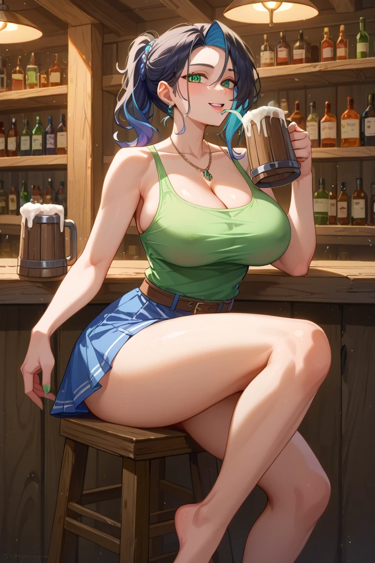 (((masterpiece))), ((highest quality)), (Very detailed), ((High resolution)), ((8k)), One Woman, Big Breasts, Brunette color hair, Double up braid, Long Hair, Long Hairと短髪, Very cute woman, delicate, Charming smile, Green Eyes, Bright Eyes,Best moment, Vivid eyes, cute, Thighs, Waistline, Beautiful Skin, cute顔, delicateな腕, Detailed skin texture, Intricate details, Very detailedな顔, Beautiful Eyes, Looking up, bar counter, Denim shorts, 