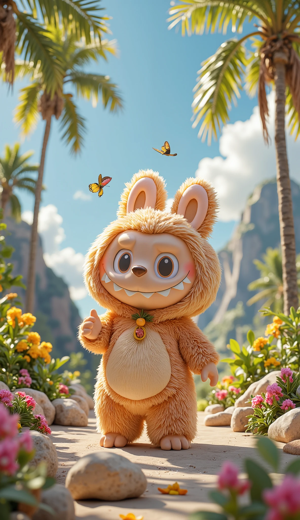 The cutest monster Labubu wesring a cosplay of a cute capybara, he's in a sunny and Paradise environment