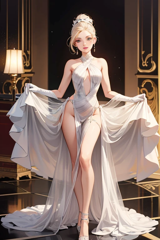 there is a woman in a shiny dress posing in front of a mirror, elegant cinematic pose, tracer in a skintight dress, trending on cgstation, fully clothed. painting of sexy, full body xianxia, wlop glossy skin, succubus in tight short dress, beautiful alluring anime woman, royal elegant pose