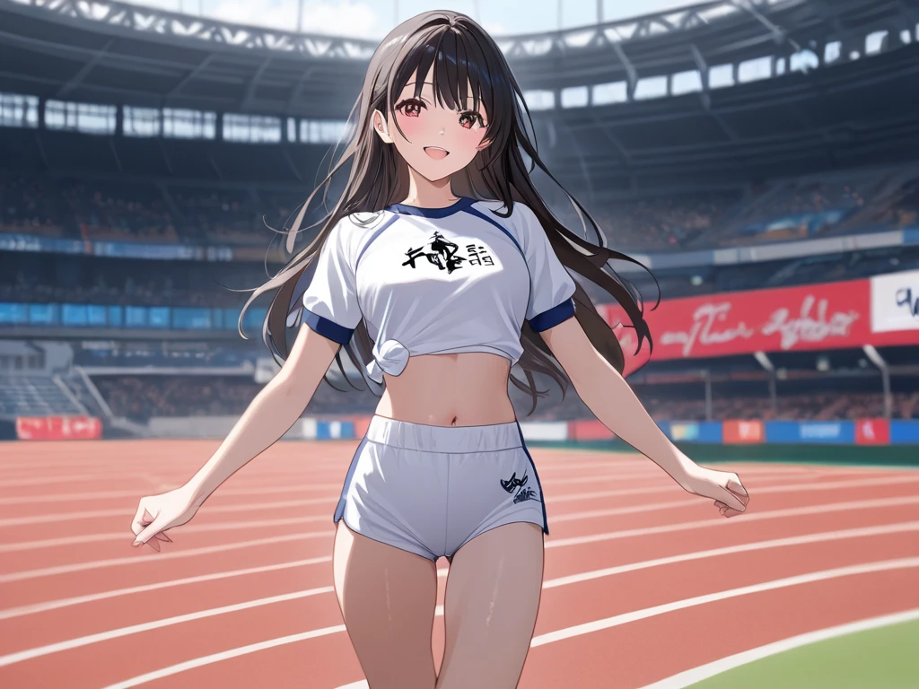 woman.(track and field). (world athletics).(yellow track uniform:1.2), sleeveless, (spectator seats).(packed auditorium).(separate track and field uniform).competition, perfect hands, thigh gap, show belly, running, side view