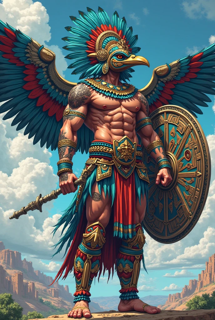 God Chaac, super muscular with an impressive plume of feathers and flying Kukulcan