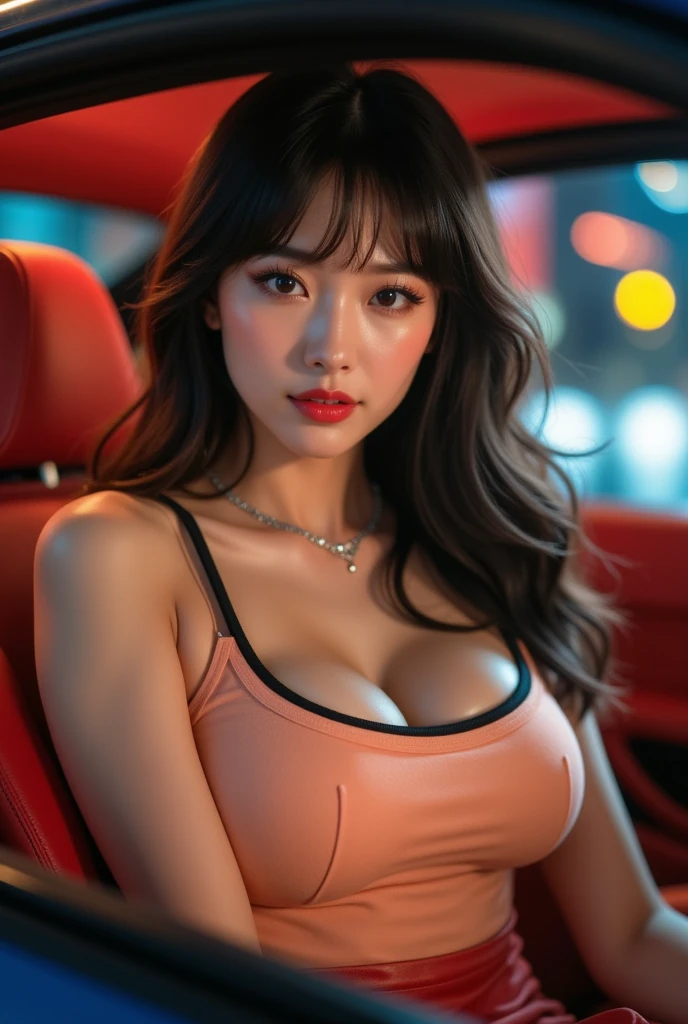 close-up of beautiful South Korean female, shoulder cut, straight hair, flat bangs hair, 36 inch breasts size, pink strapless tube top, tight white short legging pants, in the Seoul city, night, seeing billboard is behind, Seoul city background, UHD