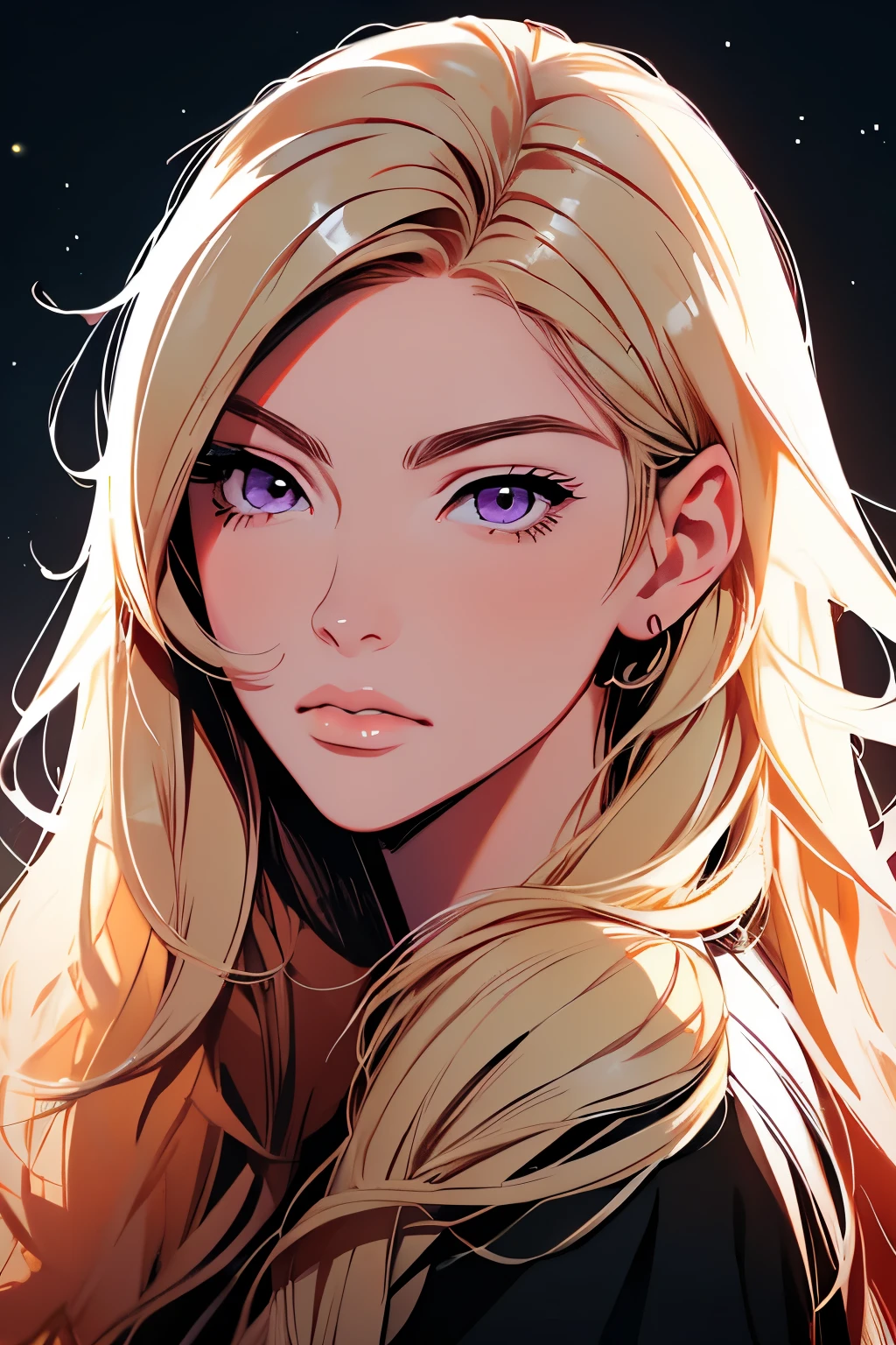 2d illustration, anime, a painting portrait in fine arts, in manhwa style, Bishamon from noragami, yang xiao long from rwby, ((mature)), 1woman, blond, long hair, purple eyes, makeup, beautiful, high definition, masterpiece, best quality, ((high detailed eyes)), grain filter, Detailed lips, high resolution, bochechas rosadas; high resolution, 8k, ((perfect lips:1.3), com volumosos cabelos ondulados, With peach blonde bangs covering one eye, sitting in fron a bonfire, in the middle of nature, at night, dark, starry night, illustration Anime style, earnings, landscape