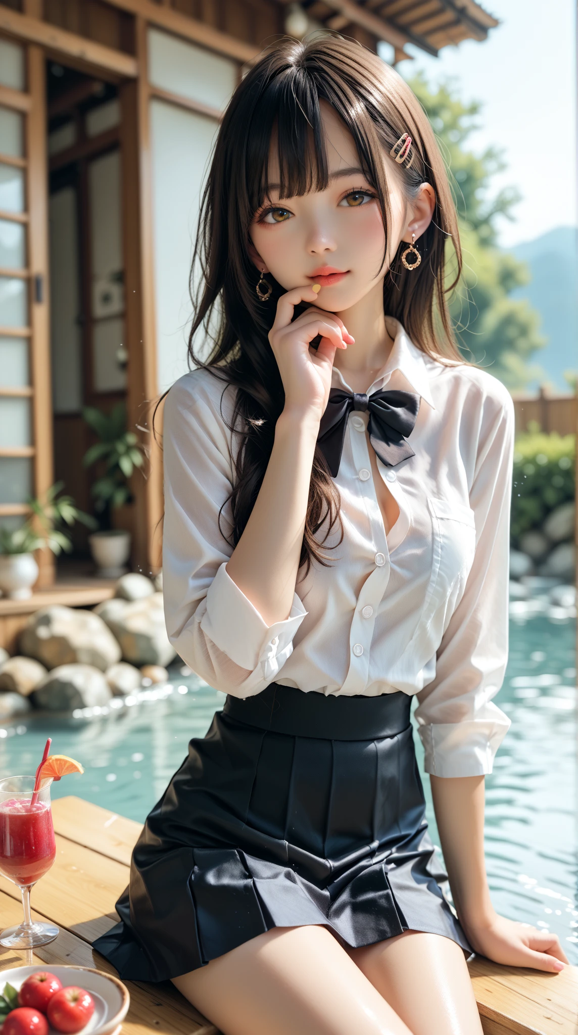 best quality, height, nonsense, Very detailed, Suzuya_(Kancolle), 1 girl, long_hair, skirt, alone, shirt, rain, wet_shirtผ้า, hair_decorations, wet, chest, underwear, court_skirt, see through, bowtie, red_bow