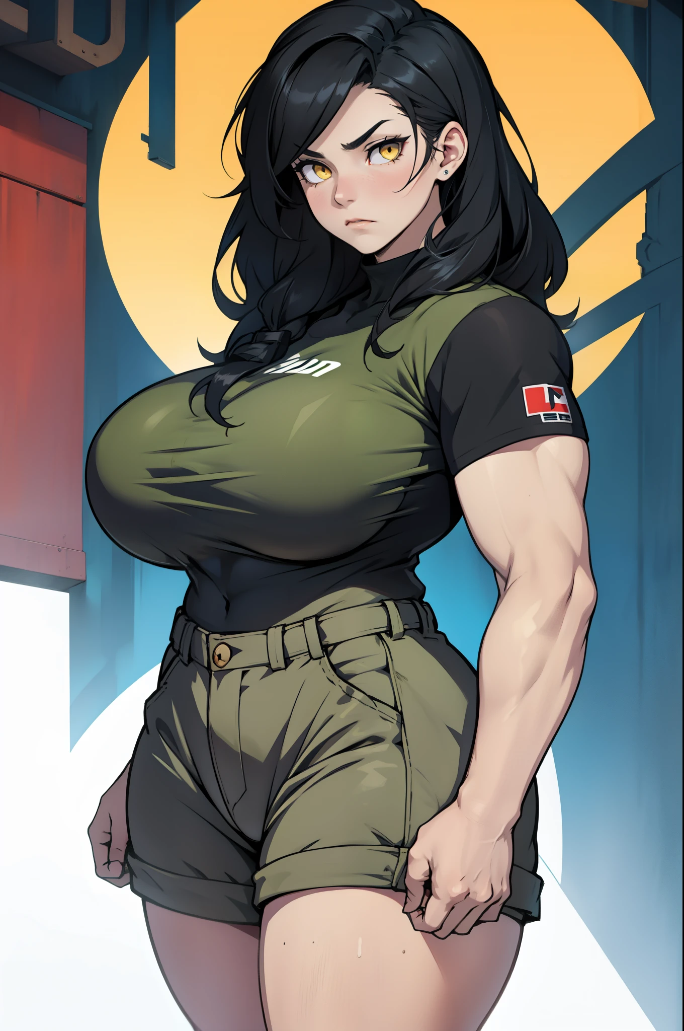 muscular huge breasts topless black hair yellow eyes sad pregnant pregnant topless