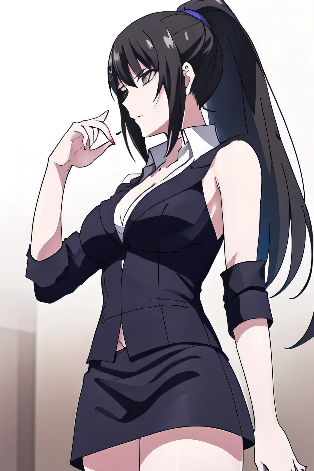 Can you draw big,,I have long black hair down, , With a ruthless look, Hitman, Assassin ,can you draw a woman in a black sleeveless miniskirt,With a ruthless look,I need a face so much,,