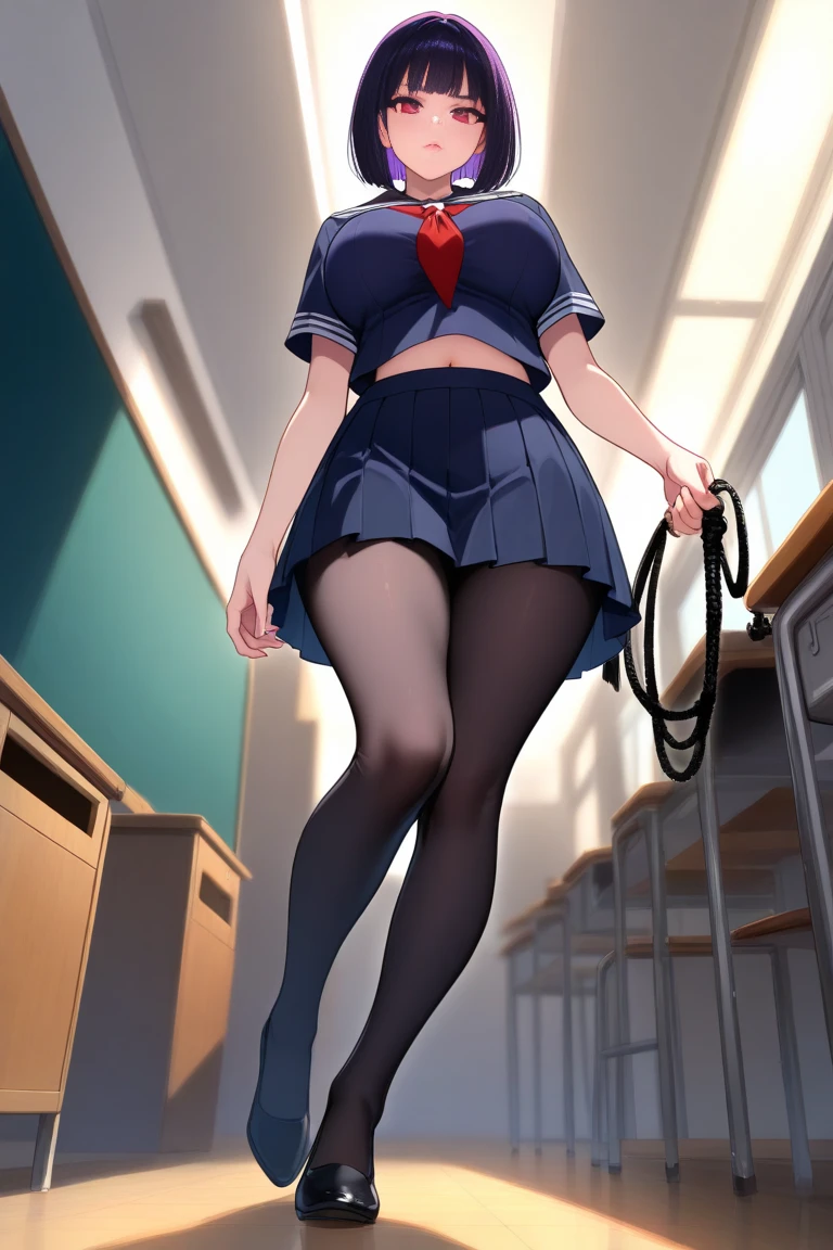 1 woman, 17 years old, (Short Layered Bob haircut, black hair), scared face expression, plump body, blue eyes, Indonesian high-school uniform, (wearing transparent white shirt, long sleeves, light-grey tie), osis logo on shirt pocket, medium breasts, long light-grey pleated skirt, dynamic pose, full body shot, shy, in the classroom, smiling.