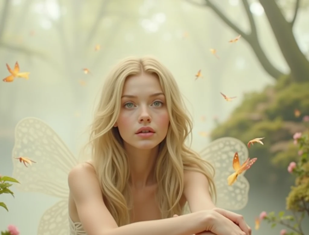 There is a woman in a white dress with wings on her head, Margot Robbie como uma fada, Ellie Bamber Fada, fairy aesthetics, olhar de fada, sorrindo como uma rainha de fadas, fada adulta bonita, Ela tem orelhas de elfo e olhos dourados, fada da floresta, Rainha das Fadas, Fada, rainha fada adulta bonita, Rainha Fada, fada bonita, floresta fae