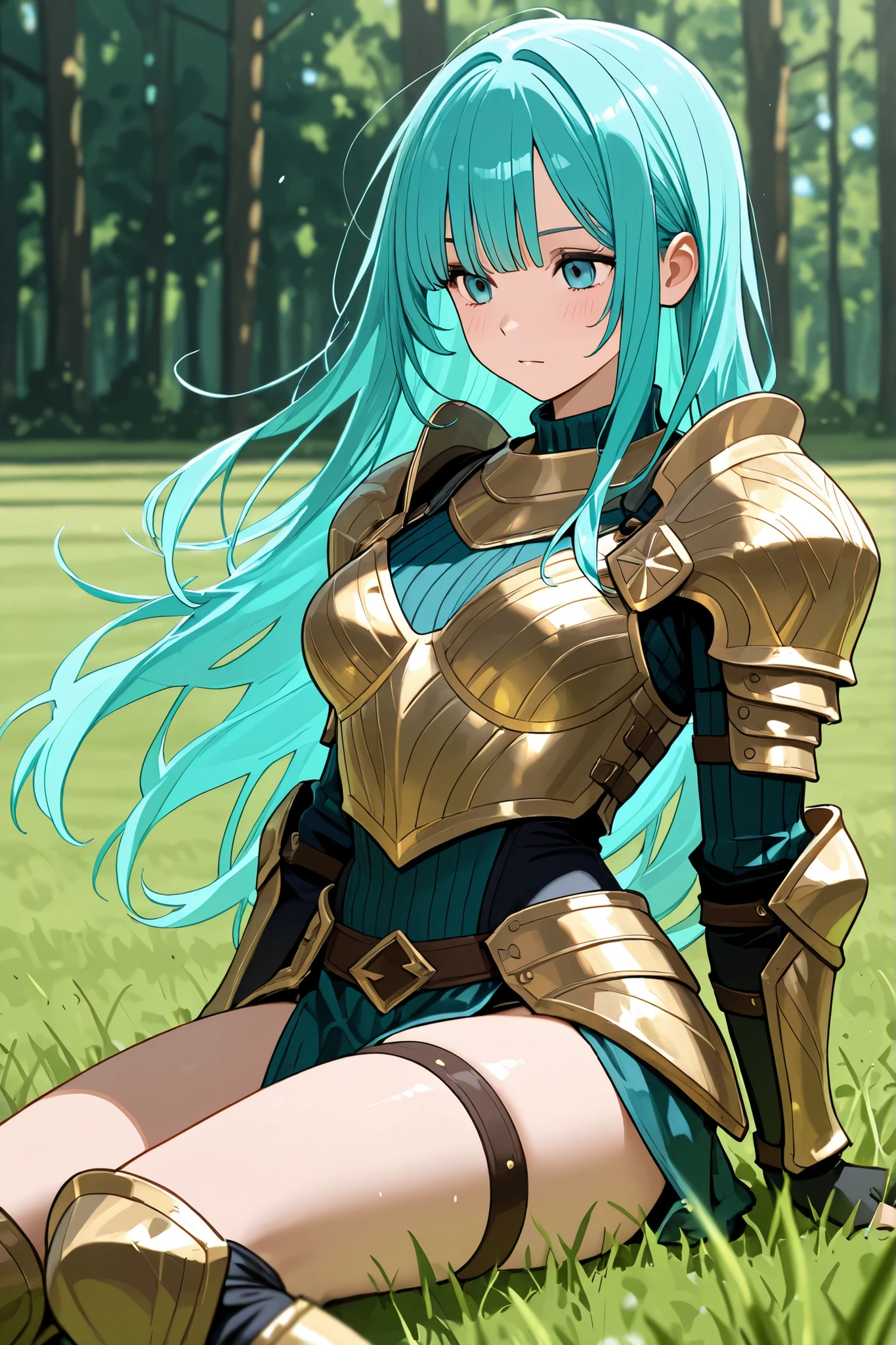(masutepiece, Best Quality),shield, 1girl, weapon, solo, faux-figurine, holding-shield, long-hair, breasts, sword, green-hair, holding, navel, armor, holding-weapon, open-mouth, large-breasts, grass, looking-at-viewer, full-body, holding-sword, belt, smile, thighhighs, cleavage, shoulder-armor, yellow-eyes, monster-girl, tail, standing, gauntlets, flower, midriff, standing-on-one-leg, bangs, scales, helmet, bare-shoulders pauldrons, blush, green-tail, bikini-armor, upper-teeth-only, pelvic-curtain, teeth, armored-boots, blue-thighhighs, very-long-hair, black-thighhighs, wavy-hair, knight