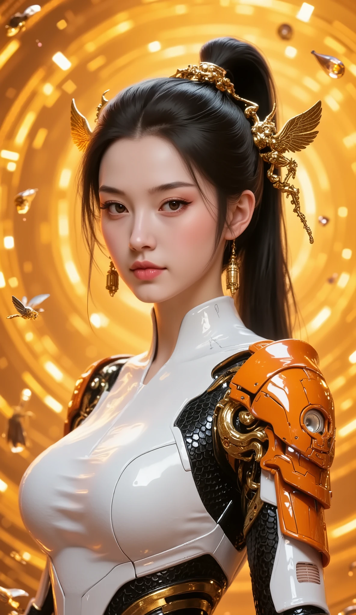 8,000, Masterpiece, highest quality, bee, Future Female Figure, Cyberpunk, Orange and white color scheme , Mechanical wings, smooth design , hexagonal honeycomb background , orange glow , digital art, Highly Detailed, 3D Rendering, Sci-fi Concept Map , insect, Android, v8 muscle , Glossy effect, Complex machinery , Golden highlights , Dynamic Pose, 浮动bee伙伴 , strongly contrasts , bright colors, surrealistic texture