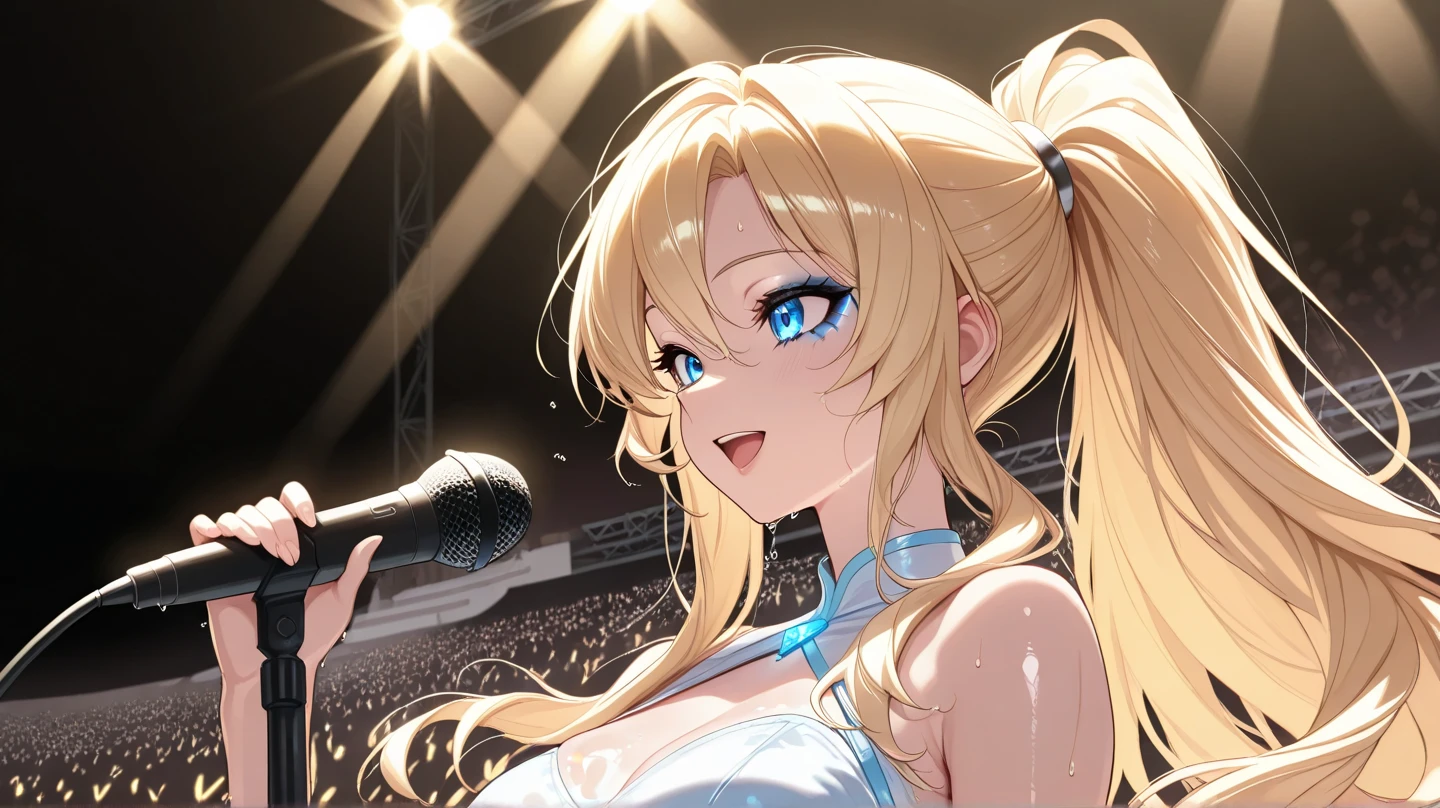 music girl with revealing clothes listening to music, blonde hair blue eyes smiling