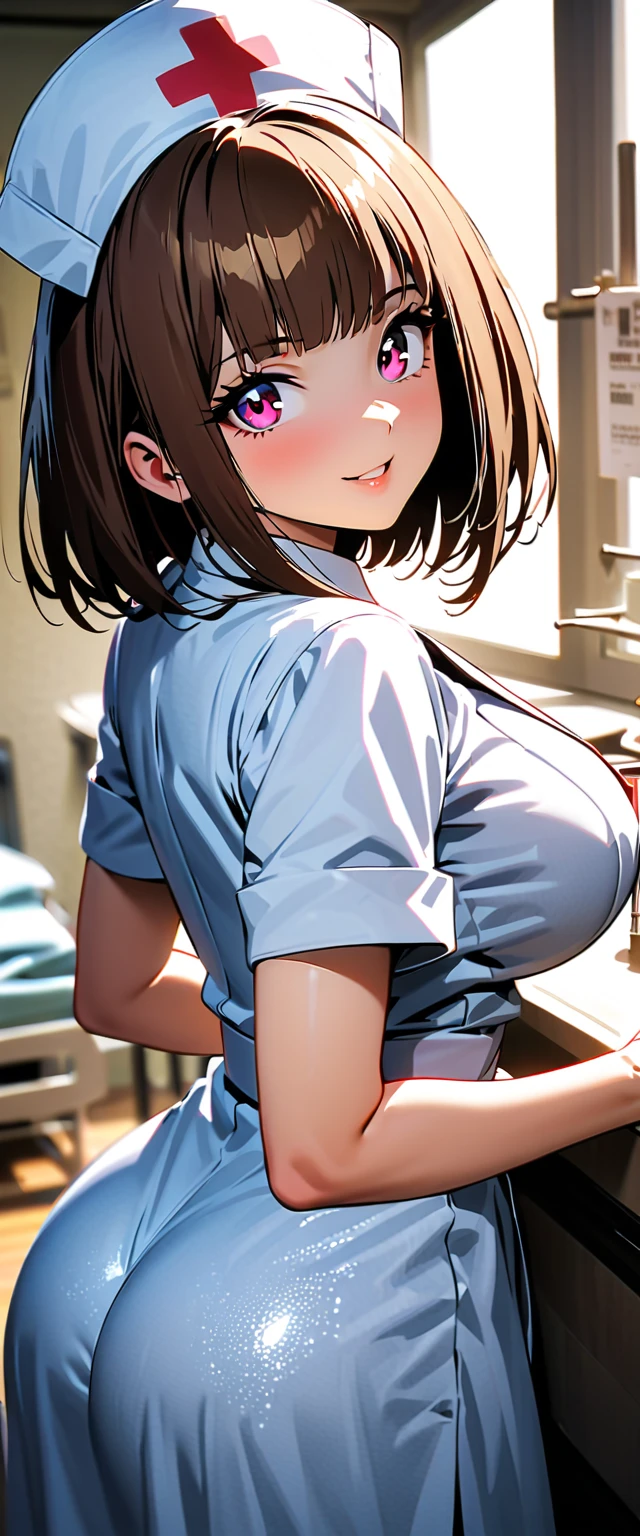 masterpiece, best quality, ultra detailed, ultra high resolution, very detailed face, solo, ((anime)), 20 years old girl, (((waitress uniform, no bra, cleavage of the breast))), ((darkbrown short hair)), (((large breast))), ((little smile)), ((in the hotel room))