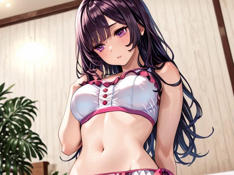 NSFW,((1man with 1woman,Having sex)), Woman on top,from behind,a bed,masterpiece, top-quality, ultra-detailliert, bangss, bare shoulders, The bikini, Bikini under clothes, Black Bikini, red blush, the bow, A bracelet, breastsout, Smile with open mouth,blushed face, clouds, 鎖骨, cowboy shot, tag, eyewear on head, Hair Bow, jaket, jewely, Khalil, low twintails, a navel, off shoulders, Open your clothes, open fly, Open short pants, Purple jacket, shortpants, shortpants, swim wears, Thigh strap, Twin-tailed, White shorts