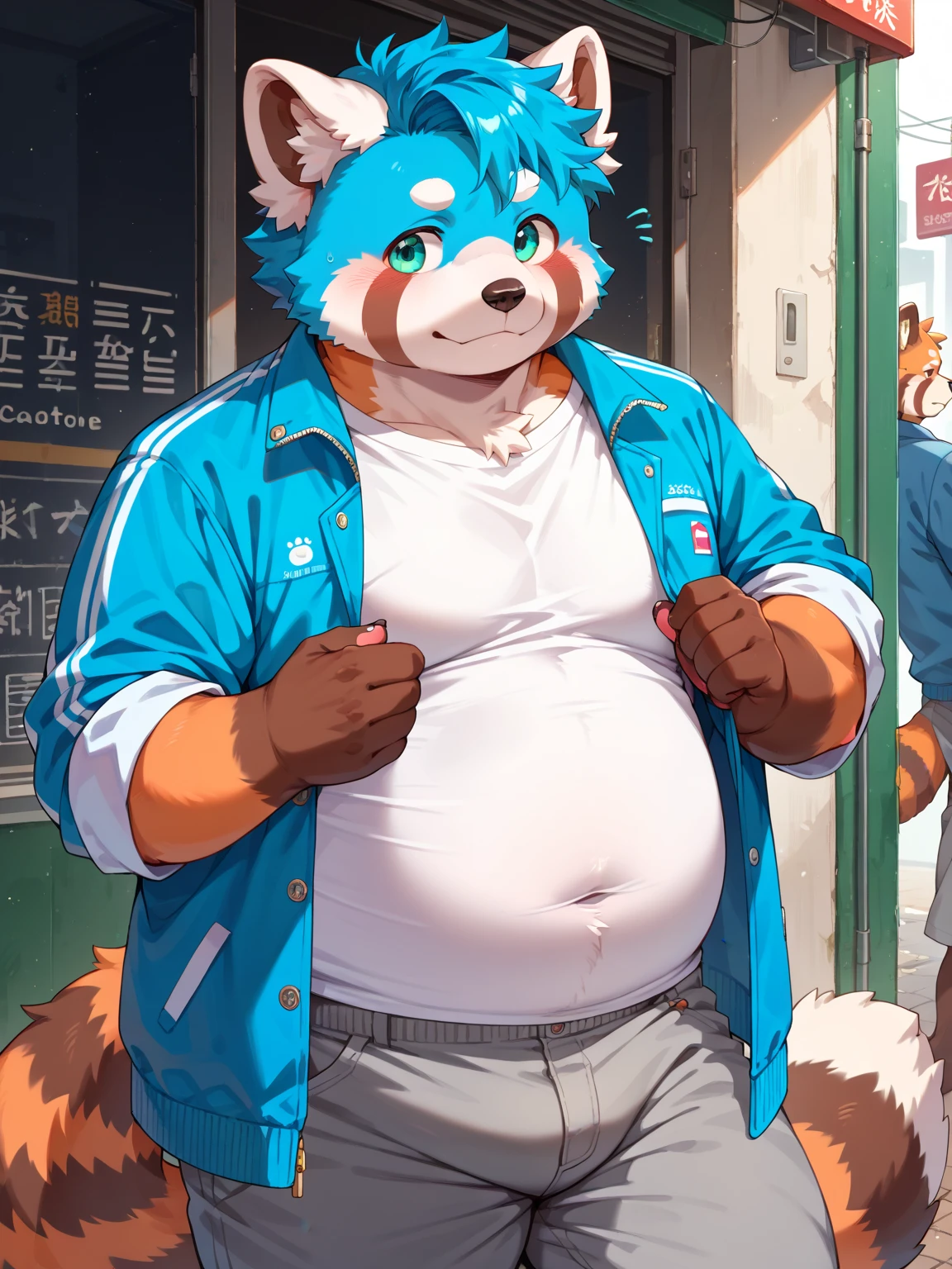 Orange wolf,boy,ager,Brown hair,Fat belly covered by clothes,Sit in a gaming chair,Play games,Eat potato chips,Drink Coke,earphone,Wear white socks,Blue Jacket,The long white short-sleeved shirt that was blown up by the belly,Black drawstring loincloth