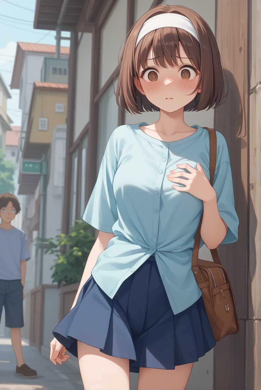 masterpiece、High resolution、high quality、High resolution、young woman、Short Hair、Beautiful Lips、Courting face、near、Polo shirt、blue sky